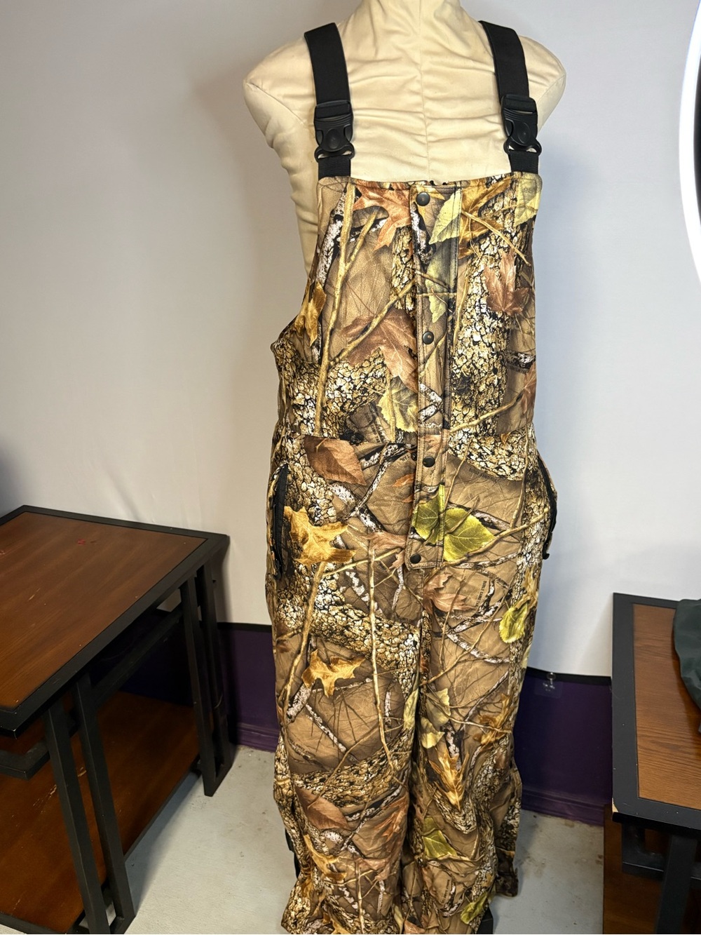 Camo Insulated Hunting Bib Overalls - Brown/Green Leaf Pattern